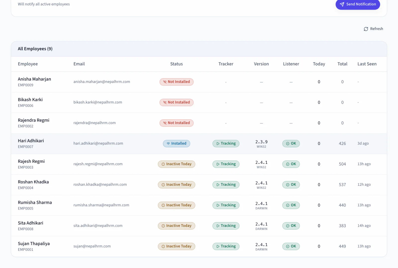 NepalHRM Agent Status tab listing which employees have the WorkPulse tracker installed, their app version and last ping, with online, idle and not-reporting states