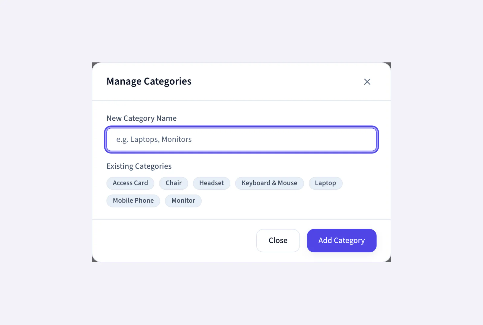 The category manager in NepalHRM assets with laptop, monitor, mobile phone, headset, chair and access card categories