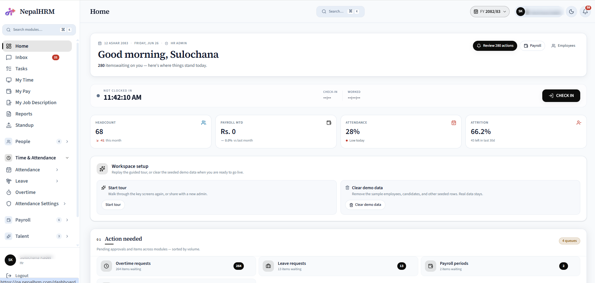 NepalHRM home dashboard - the morning view