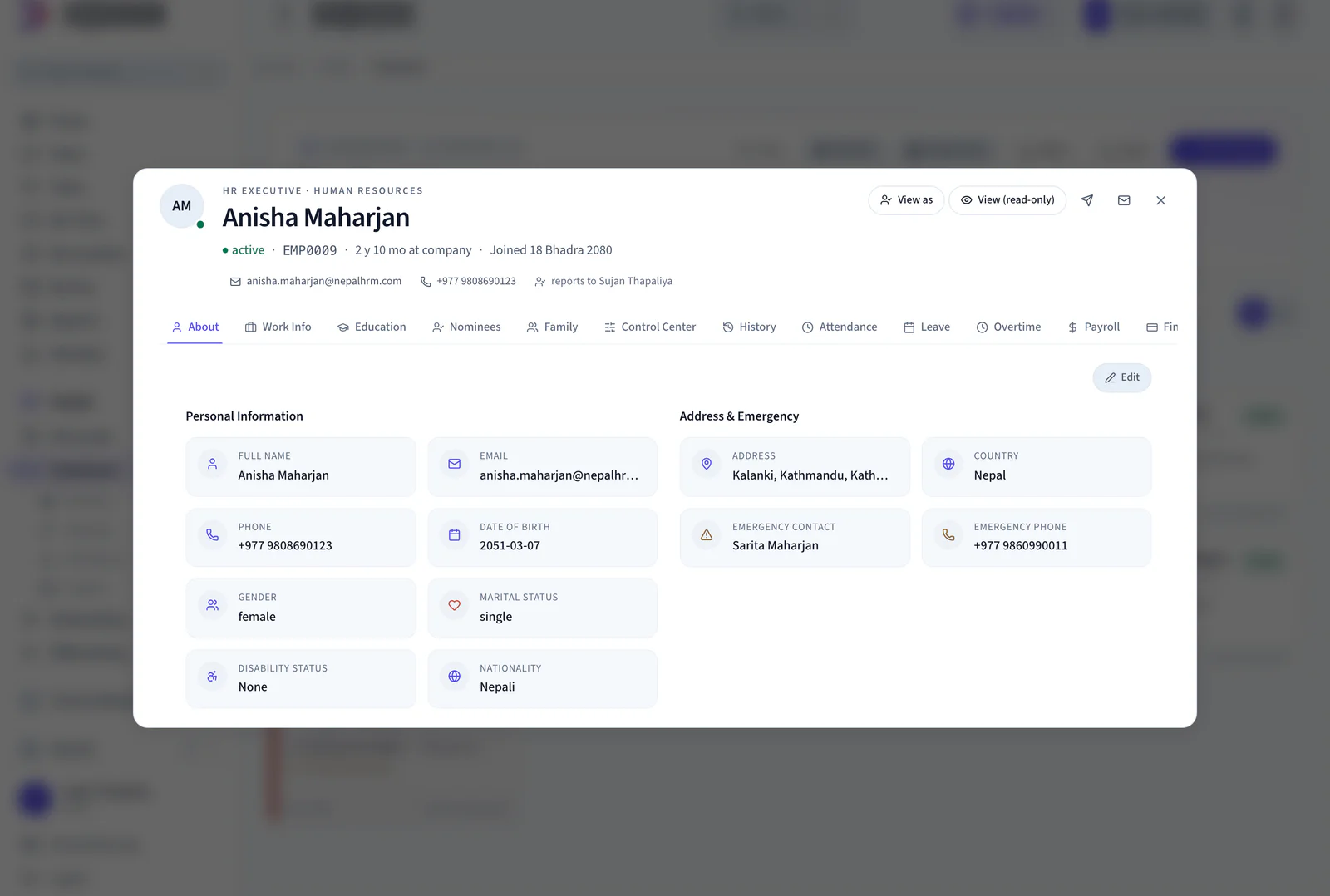 A NepalHRM employee profile showing the post and department, the joining date in Bikram Sambat and the length of service, above tabs including Work Info and History