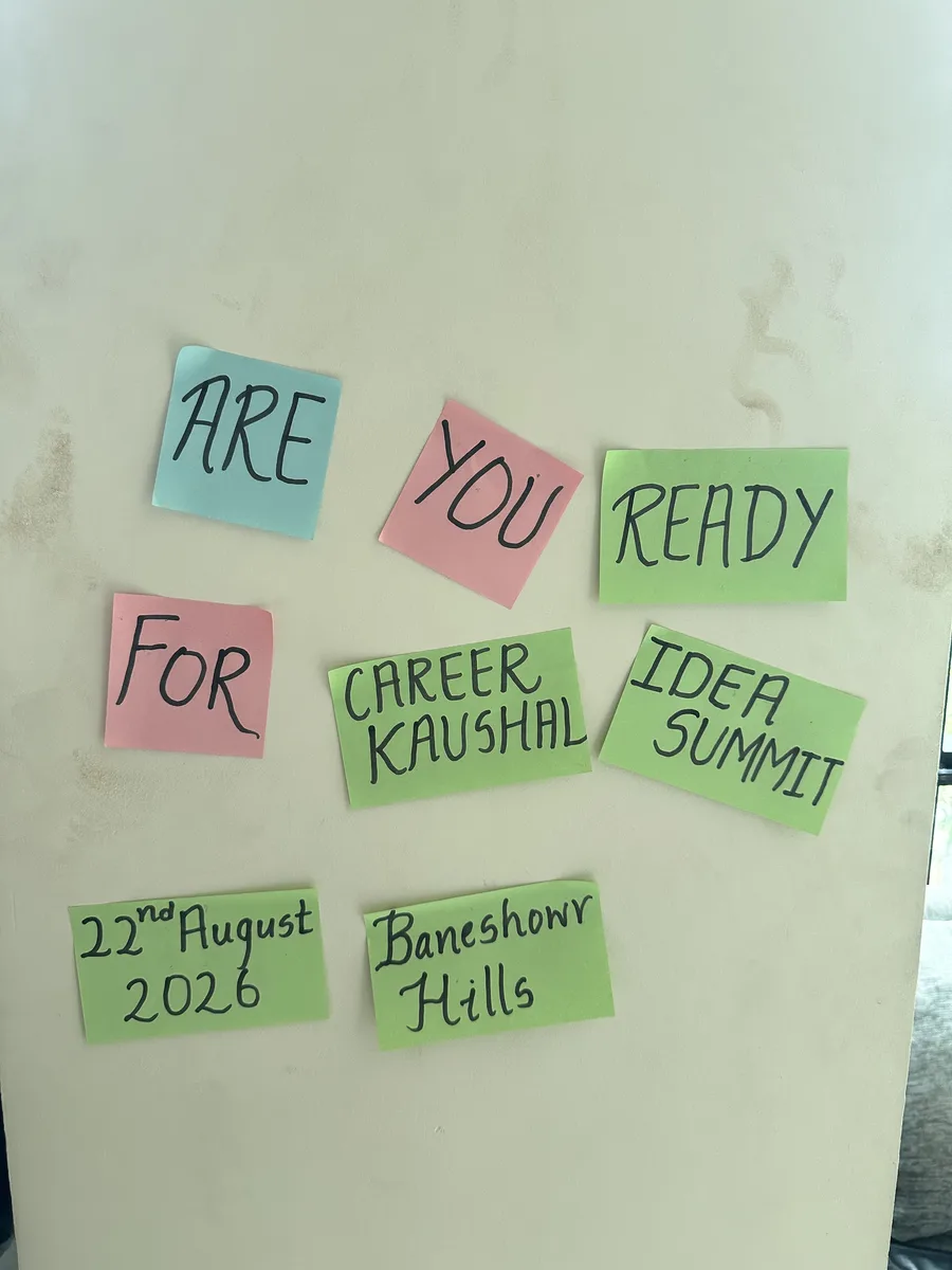 Handwritten sticky notes on a whiteboard at the NepalHRM office reading 'Are you ready for Career Kaushal Idea Summit, 22nd August 2026, Baneshwor Hills'.