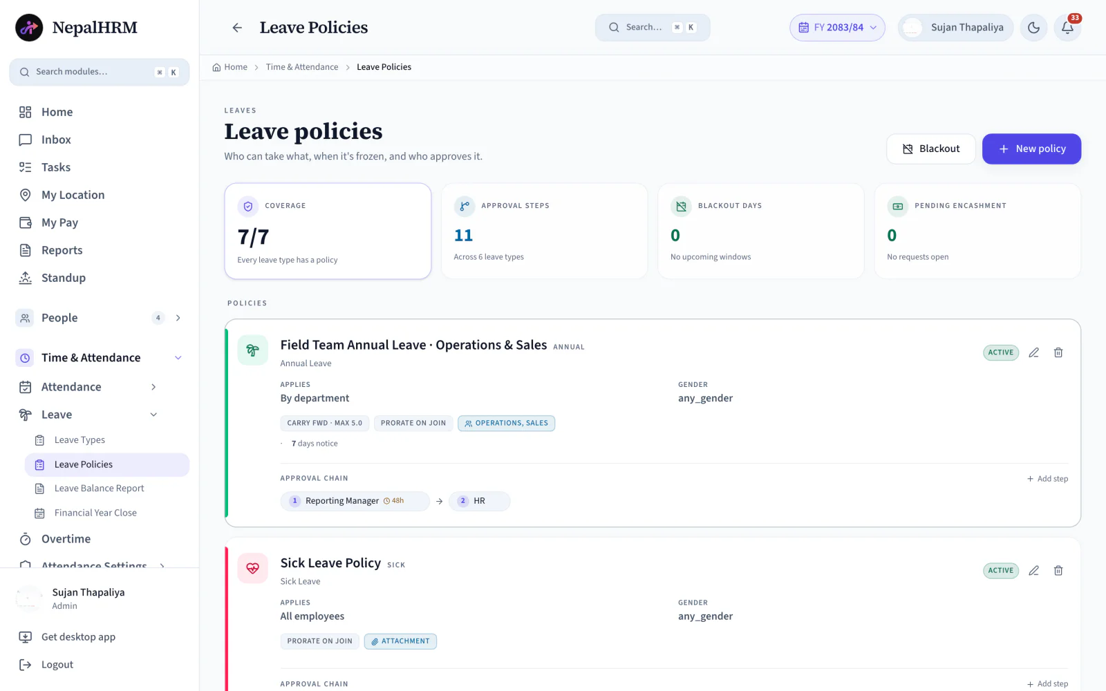 NepalHRM leave policy screen showing leave types with their accrual rules and annual entitlements