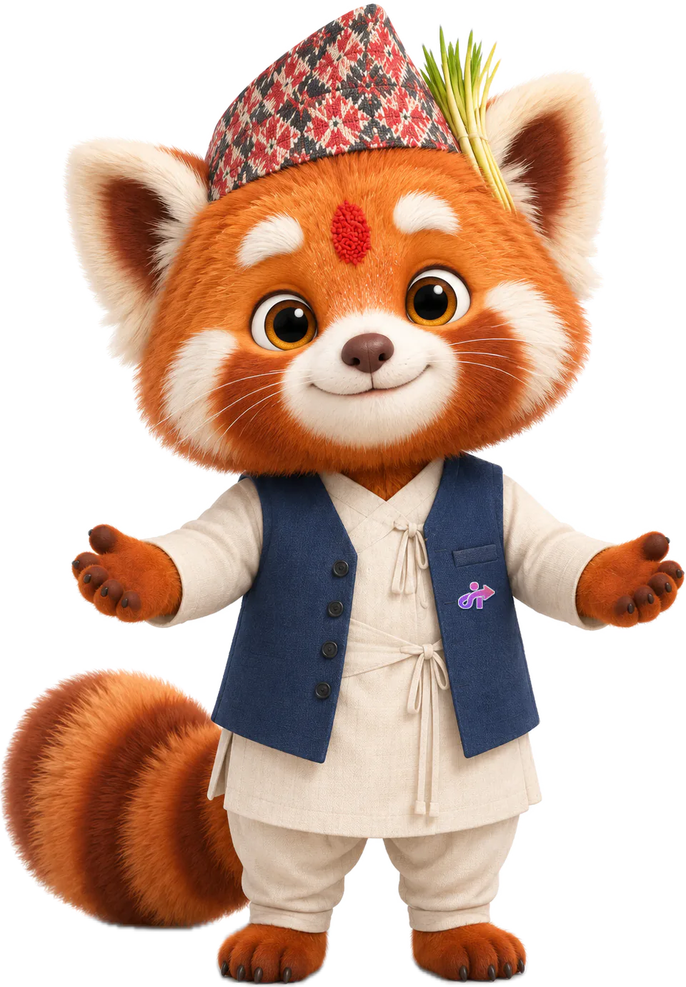 The NepalHRM red panda mascot dressed for Dashain in a cream daura suruwal, blue istakot and Dhaka topi, with a red tika and jamara