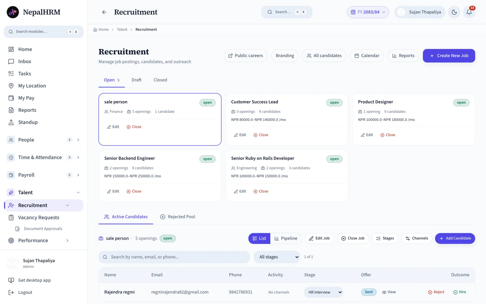 NepalHRM recruitment software showing open, draft and closed jobs with openings, candidate counts and NPR salary ranges above an active candidates table