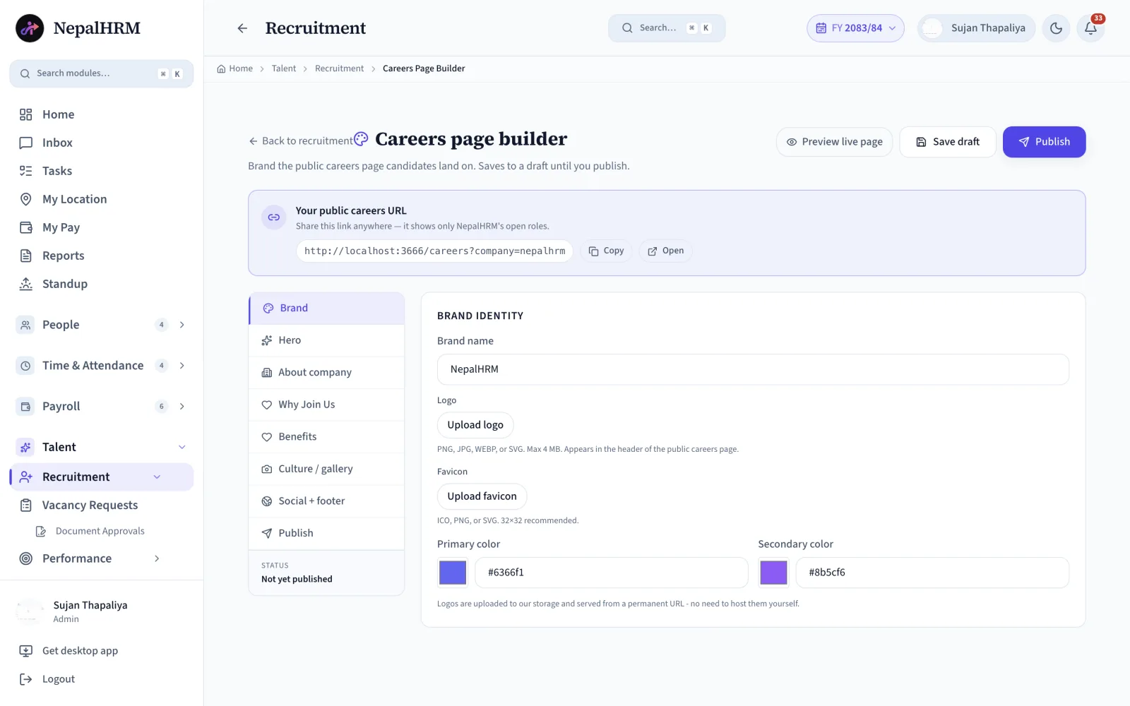 NepalHRM careers page builder showing published job openings with their departments and locations