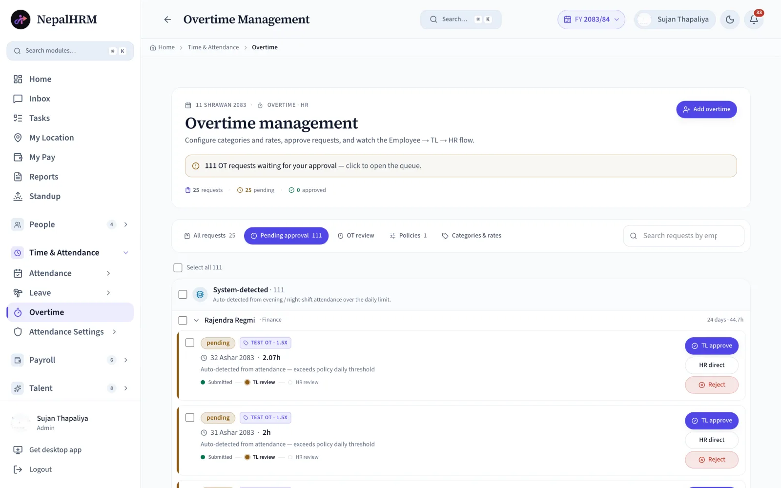 NepalHRM overtime management queue showing pending overtime requests per employee with hours, the submitted to TL review to HR review flow, and approve or reject actions